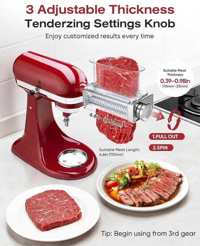 Adjustable Meat Tenderizer Attachment for KitchenAid Stand Mixer, 3 Setting | Stainless steel efficient tenderizer machine for steak, pork, lamb, venison or jerky, Safety tall chute tenderizing tools