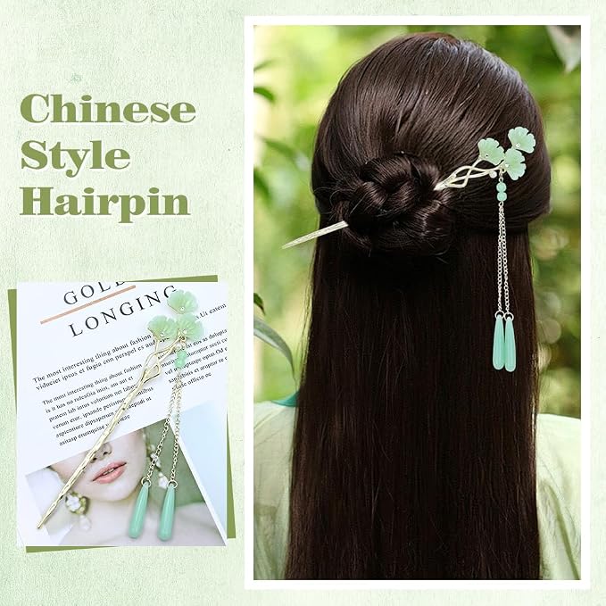 inSowni 8 Pieces Vintage Asian Chinese Traditional Hanfu Gold Metal Artificial Jade Bamboo Flower Butterfly Hair Pins with Pearl Bead Pendants Long Hair Sticks Forks Bun Updo Hairpins for Women Girls