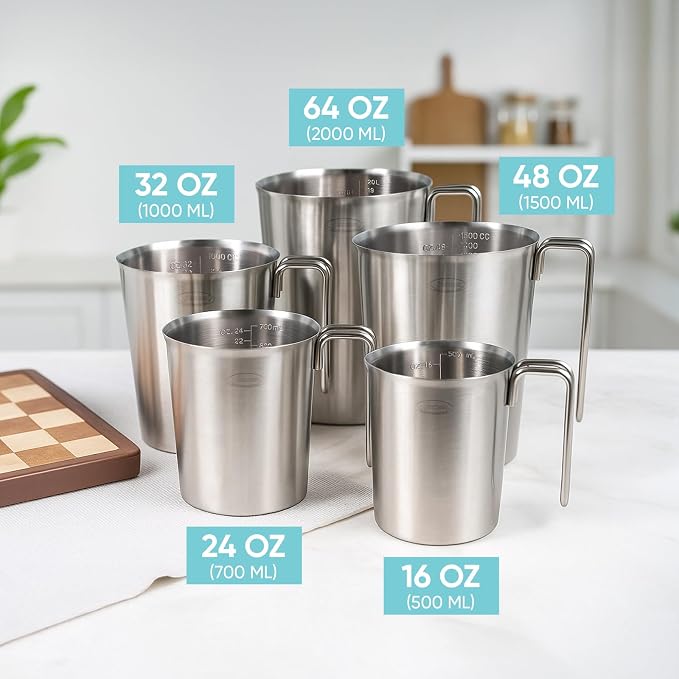 Newness 5-Pack Stainless Steel Measuring Cups Set, Metal Measuring Cup | (3 Marking, Cup/ML/Oz Scale)(2, 3, 4, 6 & 8 Cup) Metal Measuring Cup with Handle For Prepping, Baking and Cooking, Dishwasher