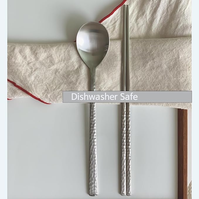 Korean Made Silver Glossy Hammered Stainless Steel Korean Spoon & Chopstick SET Stocking Stuffer Gift for Mom (2SET) Stocking Stuffer