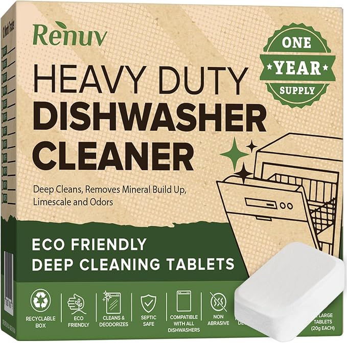 Renuv® Dishwasher Cleaner + Garbage Disposal Cleaner, 12 Tablets Each | Heavy Duty Kitchen Appliance, Deep Cleaning, Descaling and Deodorizing
