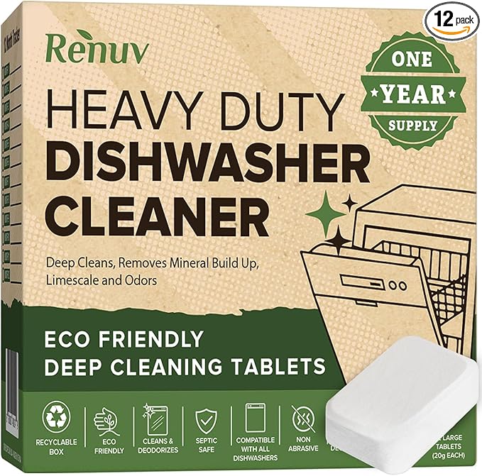 Renuv® Heavy Duty Dishwasher Cleaner & Deodorizer, Descaler, 12 XL Tablets | Deep Cleaning, Natural Odor & Smell Remover, Calcium, Limescale, Hard Water Marks, Grease Remover, Septic Safe
