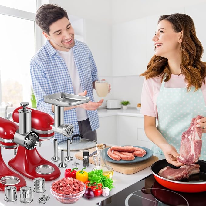 Durable Meat Grinder & Slicer Shredder Attachments Set for Kitchenaid Mixers,Dishwasher Safe Stainless Steel Packs with Cheese Grater & Sausage Stuffer Accessories