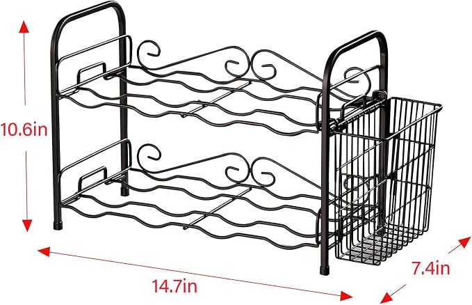 Wine Rack, 2-Tier 8 Bottles Wine Racks with Cork Holder Countertop Cabinet Wine Holder Wine Storage Shelf for Pantry Kitchen Bar Black