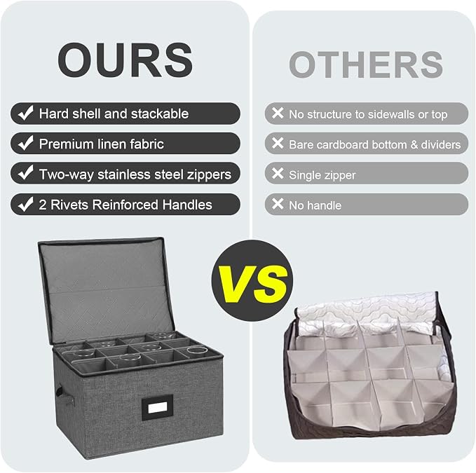 Mayniu Stemware Storage Cases 2 Pack, Wine Glass Storage Box with Dividers | Hard Shell Top, Stackable for Crystal, Glassware Storage Containers for Packing, Moving & Home (17"x13"x10" Black)