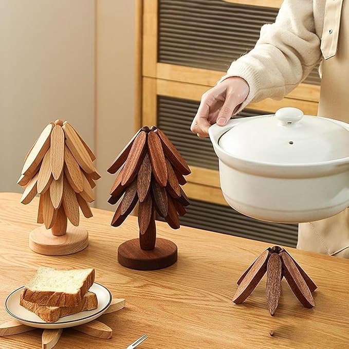 Natural Wood Tree Trivet Set, 𝐍atural Tree Trivet Set - 4 Wooden Trivets,4 Wooden 𝐓rivets & 1 Stand Like a Christmas Trees,for Hot Dish,Pot,Bowl,Teapot,Hot Pot Sets (Walnut Finish 5 Trivets,1set)