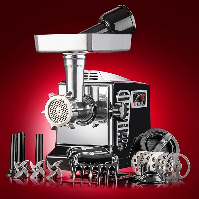STX Turboforce II "Platinum" Heavy Duty Electric Meat Grinder & Sausage Stuffer: 6 Grinding Plates, 3 S/S Blades, 3 Sausage Tubes, Kubbe, 2 Meat Claws, Burger-Slider Patty Maker - Black
