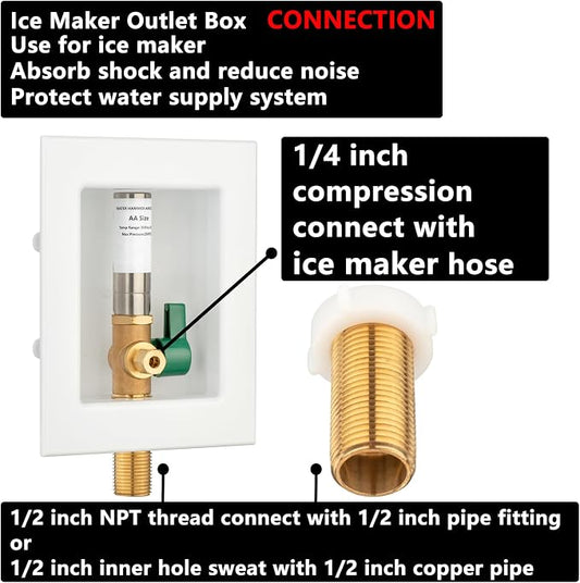 (1 Pack) Lidertik 1/2 NPT Thread or Sweat Pre-Assembled Ice Maker Outlet Box Valve 1/4 inch Recessed Refrigerator Water Line Wall Box with Shut Off Valve and Stainless Steel Water Hammer Arrestor 611