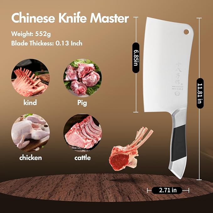 SHI BA ZI ZUO Heavy Duty Stainless Steel Bone Cleaver Knife for Home Chopping Bones