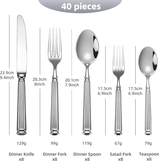 40-Piece Heavy Duty Silverware Set for 8, 18/10 Stainless Steel Forged Flatware Set, Extra Thick Heavy Weight, Ideal for Gift