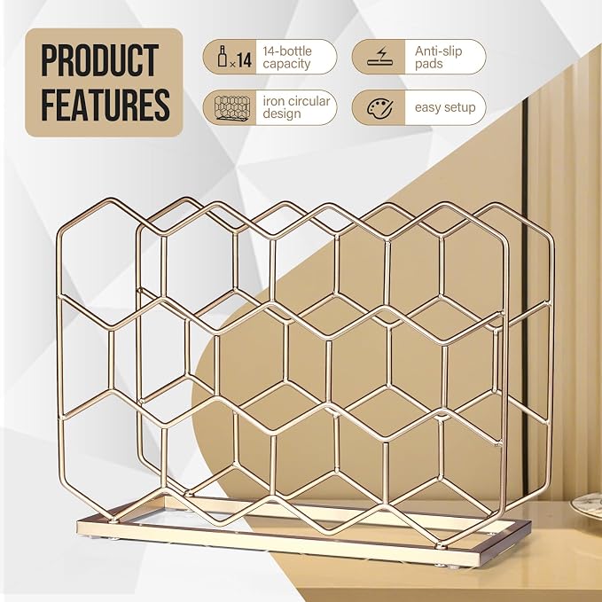 Countertop Wine Rack - 14 Bottle Freestanding Modern Gold Metal Small Wine Rack - Tabletop Wine Holder Stand for Cabinet, Pantry, Wine Bottle Storage (Large Size-Gold)