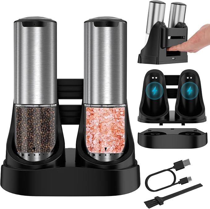 Electric Salt and Pepper Grinder Set Type-C Fast Charging, Automatic Salt and Pepper Shakers Adjustable Coarseness, Stainless Steel Rechargeable Salt and Pepper Grinder with LED Light