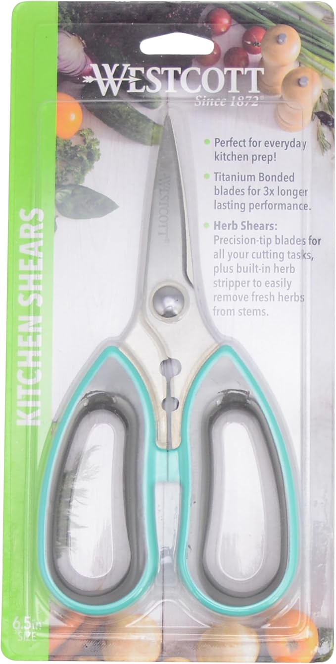 Westcott Titanium-Bonded Soft Handle Kitchen Shears for Herbs, Teal - 6.5-Inch Versatile Kitchen Shears with Precision Cutting Tips and Built-In Herb stripper for Easy Handling and Comfort