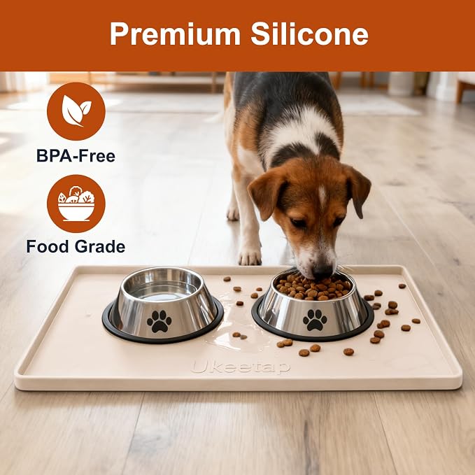 ukeetap 19" x 12" Extra Thick Silicone Mat Waterproof with Raised Edge, BPA Free Non-Slip Dog & Cat Food Mat, Feeding Mat for Food and Water Bowls, Spill Proof Mat to Protect Floors, Beige