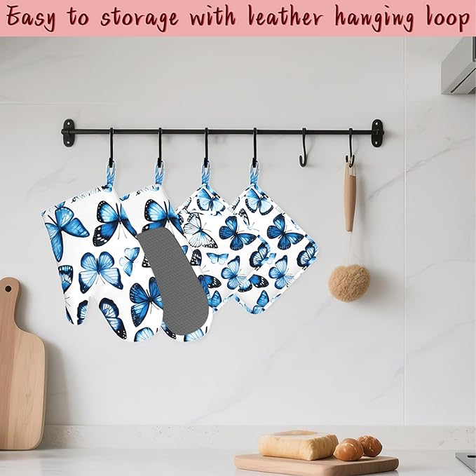 Blue Butterfly Heat-Resistant Silicone Oven Mitts and Pot Holder 4 Piece Set,Non-Slip Kitchen Oven Gloves for Baking, BBQ, Cooking,Grilling