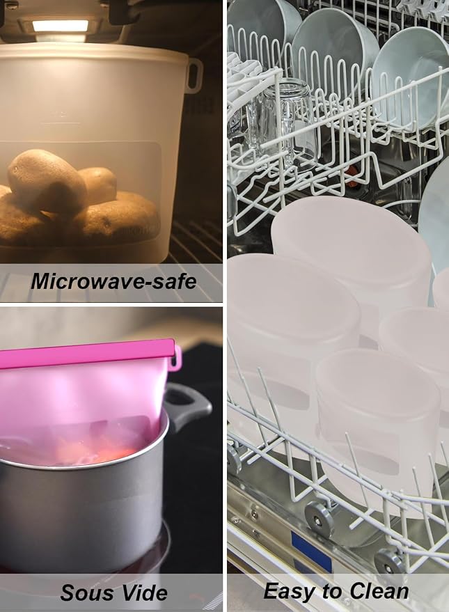 Reusable Silicone Food Storage Bags (Set of 4), Dishwasher Oven Microwave Freezer Safe, Eco-Friendly 100% Platinum, Leakproof Sous Vide Bags, Premium Lunch Containers, 2 Snack 2 Sandwich, Clear