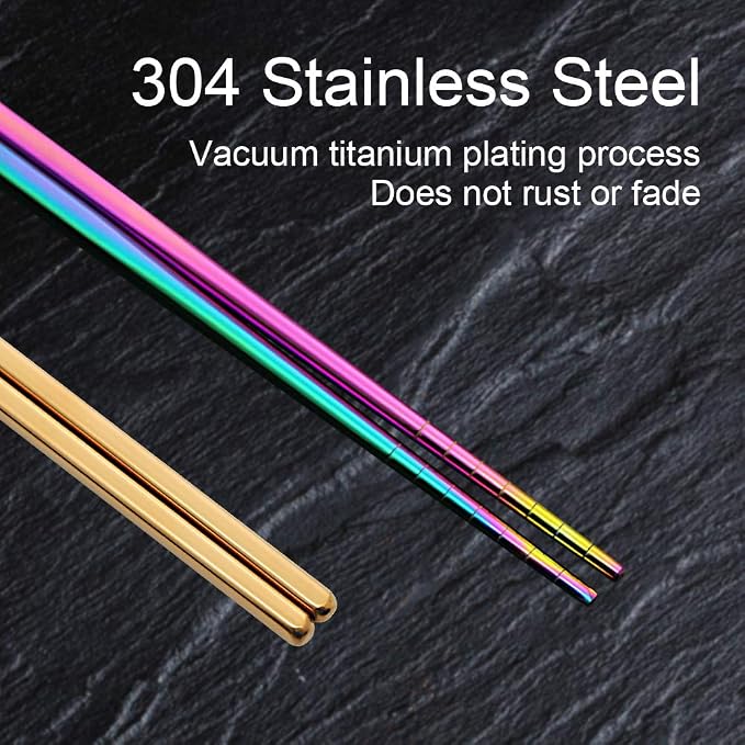 Stainless Steel Chopsticks Reusable Multicolor Lightweight 304 Metal Chopsticks Dishwasher Safe - 5 Pairs (Multi)