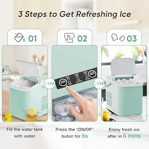 DUMOS Countertop Ice Maker with Handle, 26lbs/24H Portable Ice Machine, 9 Bullet Cubes Ready in 6 Mins, Self-Cleaning, Quiet Compact for Home, Kitchen, RV, Camping, Bright Green