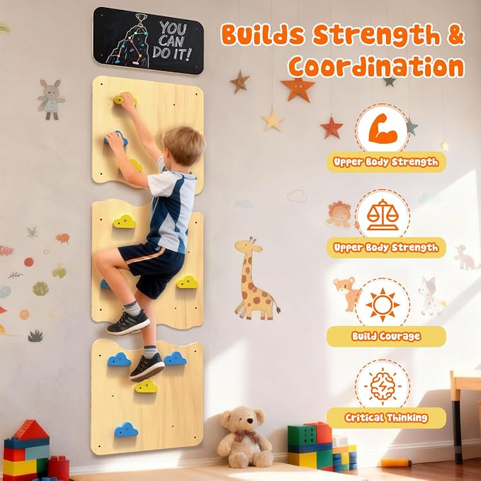 Wooden Climbing Wall for Kids, Indoor Climbing Wall Panels with 12 Rock Holds, Montessori Climbing Toy for Playroom & Home Gym, Aged 3+