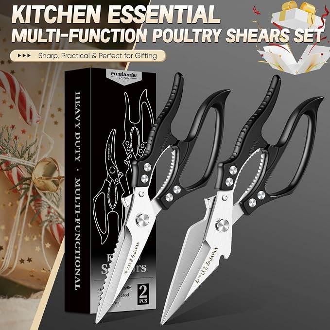 Freelander Poultry Shears Set Black - All Purpose Heavy Duty Kitchen Shears | Japanese Kitchen Scissors for Food, Chicken, Meat, Fish, Vegetables, Ergonomic Non-Slip Handle, Gifts for Women Men