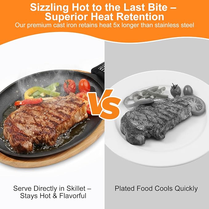 4 Sets Cast Iron Fajita Skillet Set Sizzling Plate with Wooden Base & Anti Scald Protection Hot Handle Cover, Cast Iron Skillets Set for Home Barbecue Kitchen Party Restaurant Catering Service
