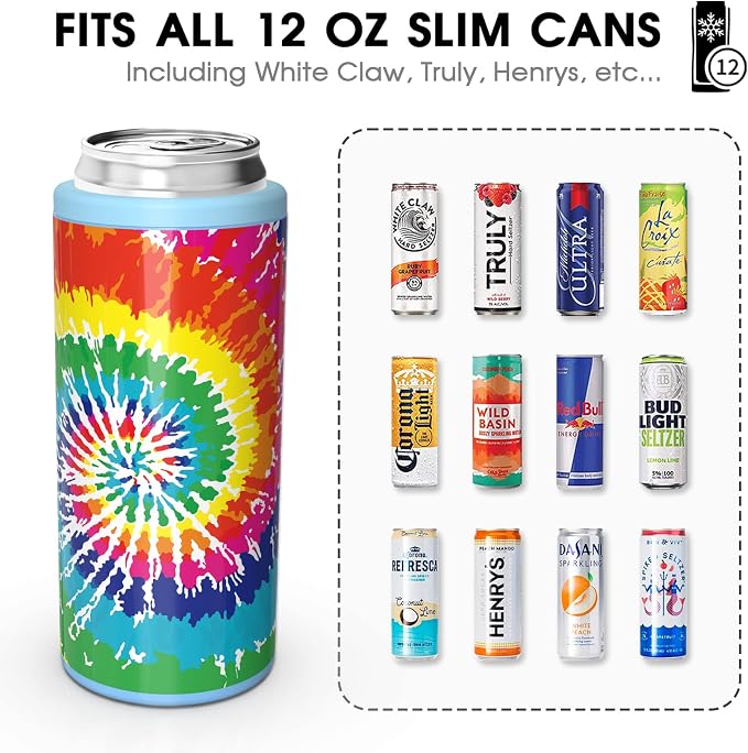 TILUCK Skinny Can Cooler, Stainless Steel Insulated Slim Cans, 12 oz | Beer & Hard Seltzer, Doucle-Walled Stainless Steel Insulated Slim Cans, Slim 12 oz(Spinning Rainbow)