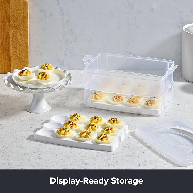 Snapware (2-Layer, 24 Eggs) Plastic Detachable Deviled Egg Carrier Storage | With lid and handle, freezer, dishwasher, microwave safe