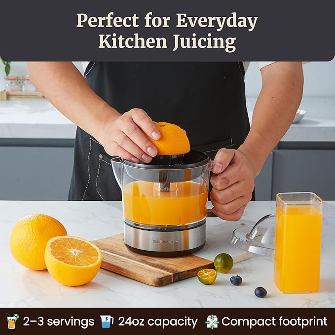 Elite Gourmet ETS623 Electric Citrus Juicer, 24 oz, Black/Stainless Steel | BPA-Free 40-Watt motor, compact large-volume pulp control - juices oranges, lemons, limes & grapefruits, easy-pour spout