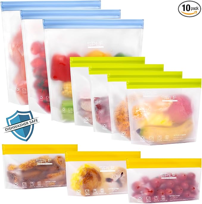 SPLF 10 Pack Stand-Up Reusable Food Storage Bags Dishwasher Safe | BPA Free Reusable Freezer Bags, Extra Thick Leakproof for Meal Prep, Sandwich, Bread, Veggies - 3 Gallon 4 Quart 3 Snack