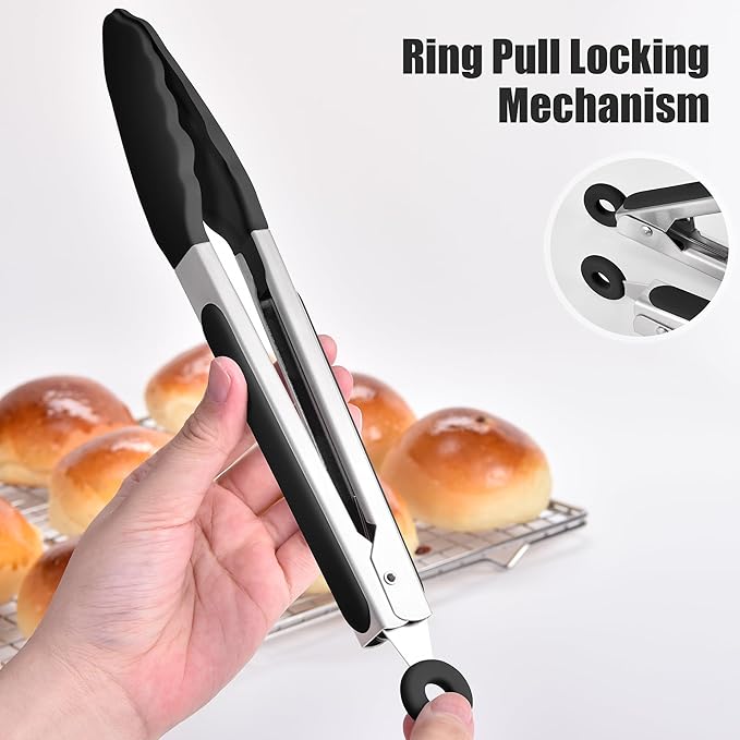 Doosu Kitchen Tongs for Cooking - 600°F Heat Resistant Food Tong Set with Non-Scratch Silicone Tips, Heavy Duty Stainless Steel Locking Tong for BBQ, Grilling Steak, Serving Salad (9+12in, Black)