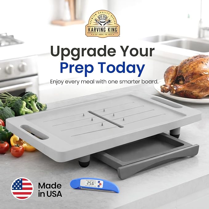 Karving King XL Deluxe Cutting Board - Spikes, Drip Tray & Meat Thermometer