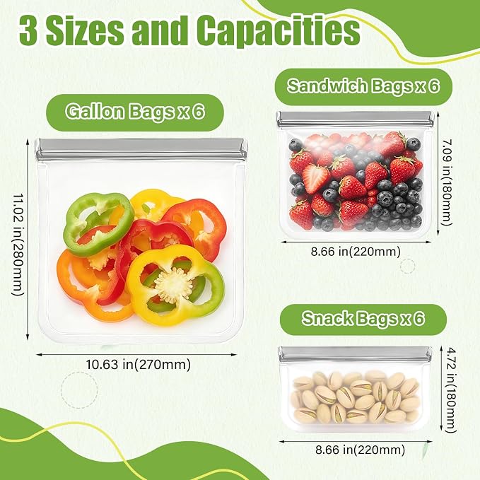 9 Pack Reusable Silicone Food Storage Bags - Freezer & Dishwasher Safe Leakproof Reusable Bags, Freezer Storage Bags Sets - 3 Gallon 3 Snack 3 Sandwich Bags