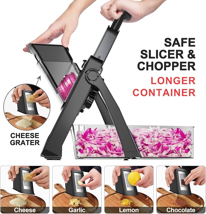 SupMaKin 8 IN 1 Upgraded Safe Mandoline Slicer,Multi Vegetable Chopper,Potato Slicer, Onion Chopper with Drain Basket Storage Container, Cheese Grater Kitchen Chopping Artifact (Black)