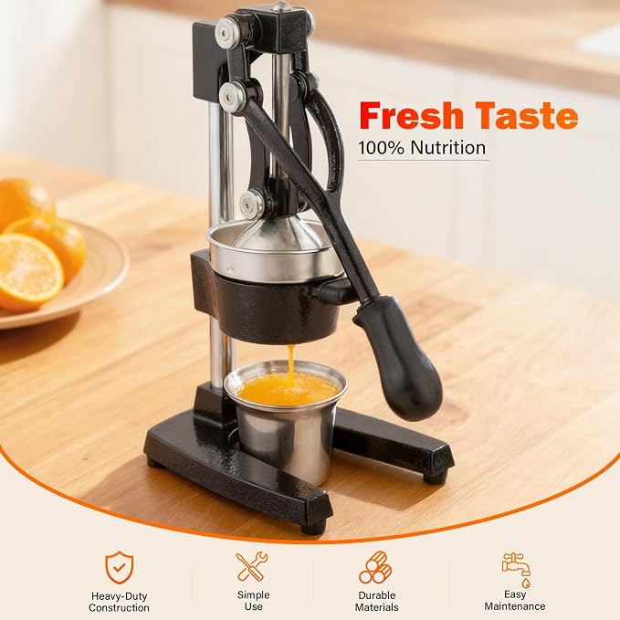 Manual Cast Iron Lemon Squeezer, Black Citrus Juicer | Detachable Cone, Free Stainless Steel Cup, Extracts Juice from Lemons, Oranges and Grapefruits, Easy to Clean