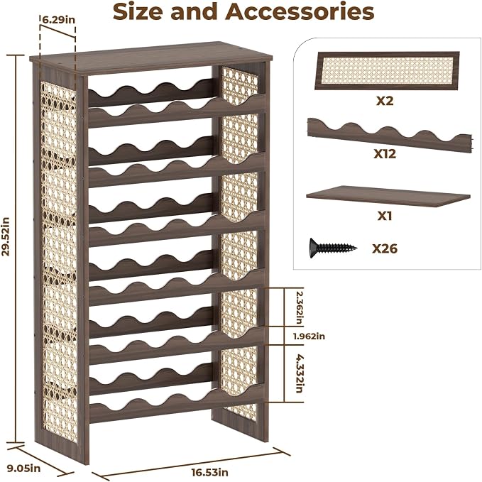 24 Bottle Wine Rack Freestanding Floor, Wine Bottle Holder, Boho Pine Wood & Rattan Mesh Wave Design, for Kitchen Bar Cellar Storage, 16.5" x 9.1" x 29.5"