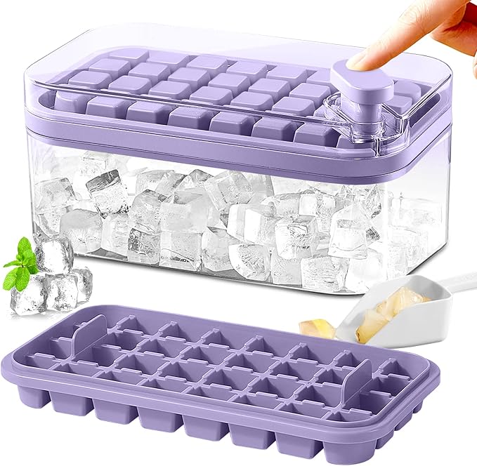 Ice Cube Tray with Lid and Bin, 2 Pack Ice Cube Trays for Freezer, 64 Pcs Ice Cube Mold, Press Button Easy Release Ice Tray, Small Ice Cubes Maker for Drinks (Purple)