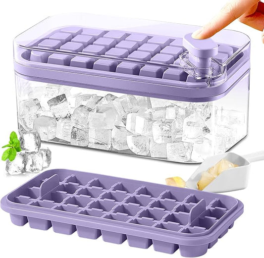 Ice Cube Tray with Lid and Bin, 2 Pack Ice Cube Trays for Freezer, 64 Pcs Ice Cube Mold, Press Button Easy Release Ice Tray, Small Ice Cubes Maker for Drinks (Purple)
