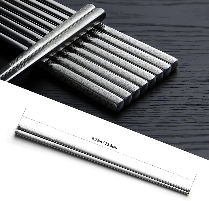 IQCWOOD Laser Engraved 18/8 Stainless Steel Chopsticks, 5 Pairs Reusable Dishwasher Safe Metal Chopsticks, Non-Slip Square Japanese Korean Style Chop Sticks for Cooking Eating, 9 1/4 Inches Gift Set