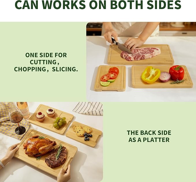 BAMBANG Bamboo Cutting Board Set, 3-Piece Wooden Chopping Boards for Kitchen, Non-Toxic Butcher Block with Juice Groove, Large Medium Small Cutting Boards for Meat, Vegetables & Cheese