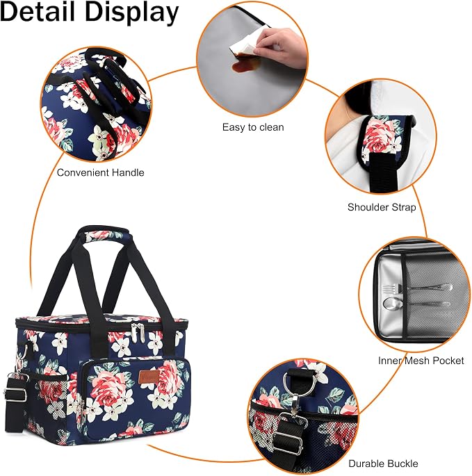 Lunch Bags for Women/Men, Insulated Lunch Bag for Work Office Picnic - Large Lunch Cooler Bag Leakproof Lunch Box with Adjustable Shoulder Strap for Adults - Floral(15L)