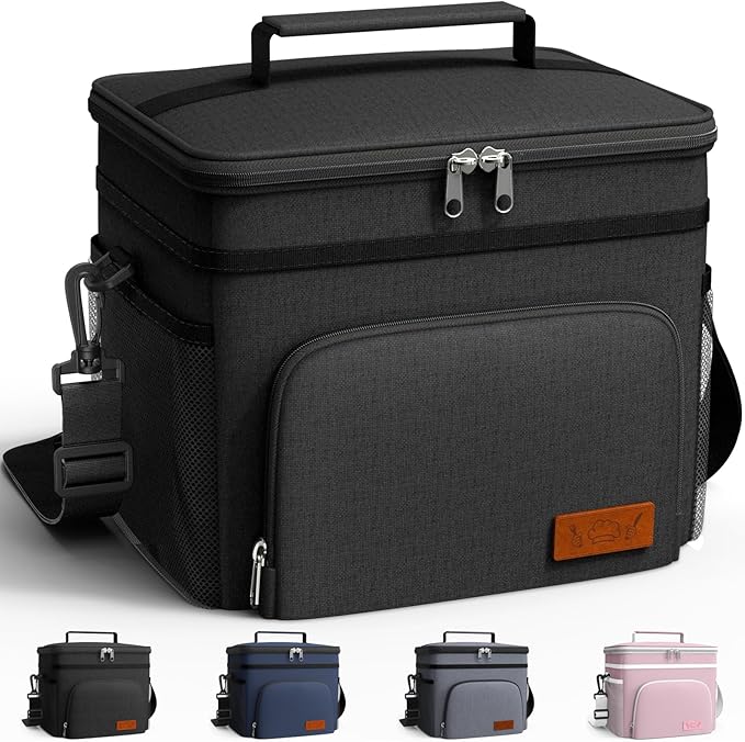 HOTOR Insulated Lunch Box Men Women Leak-Proof Cooler Lunch Bag 9L | 4 Pockets, Adjustable Strap, Ideal for Work, Picnic, Travel, Camping, Gift, Black