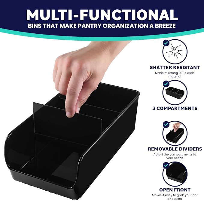Black Storage Bins for Pantry - 3 Compartment Kitchen Cabinet and Cupboard Storage Organizers, Multipurpose Storage Bins for Snacks, Packets, Pouches, Spice Packets, Plastic Bin for Fridge - 6 Pack