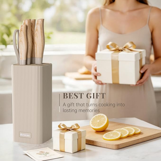 Astercook Knife Set, 6-Piece Kitchen Knife Set with Block, High Carbon Stainless Steel Ultra Sharp Kitchen Knives, Wood Grain Handle, Dishwasher Safe Knife Block Set, Khaki, Kitchen Utility Knives