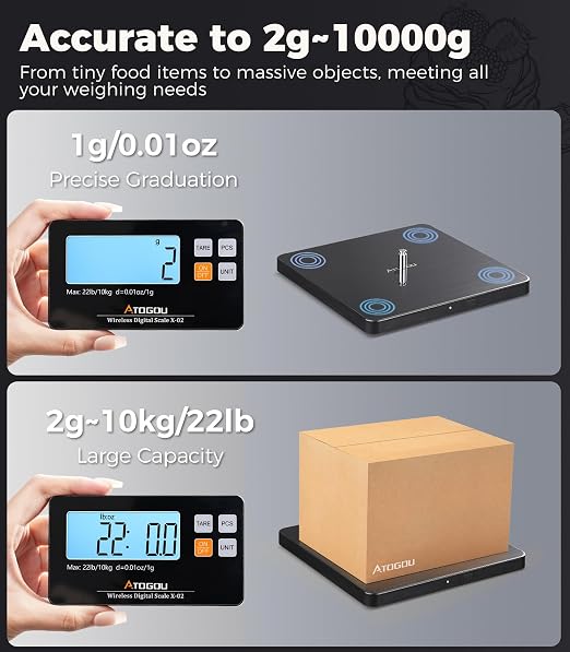 Atogou Wireless Kitchen Scale, 22lb/10kg Food Scale with Detachable Display & Larger Platform, 0.01oz/1g, 9 Units, Counting Function, Stainless Steel, for Cooking, Baking, Shipping, Black
