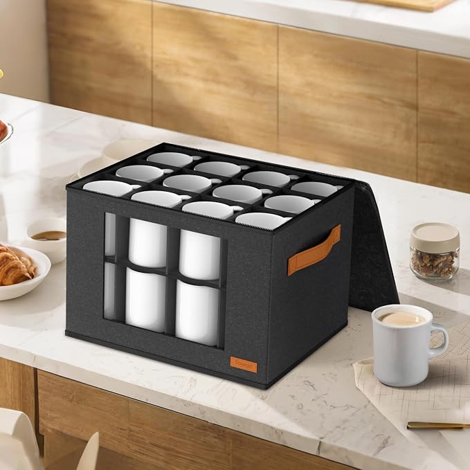 Foyego 2-Layer Coffee Mug Storage Box with Dividers, Cup and Mug Storage Organizer with Zipper Lid and Handles, Stackable Cup Organizer for 24 Coffee Mugs, Cups and Glasses, Dark Grey
