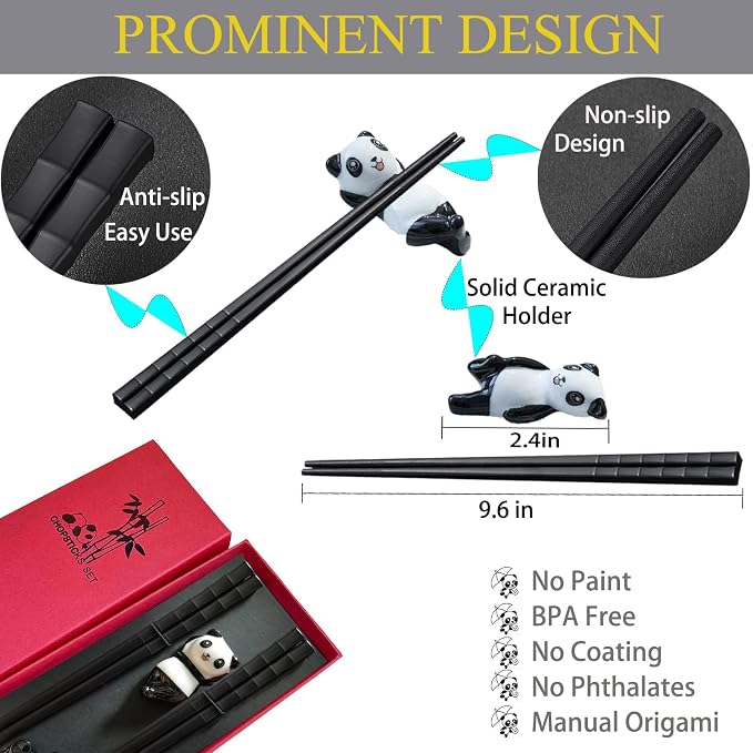 Panda Chopsticks With Rest Gift Set, 2PC Black | Dishwasher Safe, Reusable Fiber Glass Chopsticks, Porcelain Cute Panda Chopstick Holder, Non-slip, Chinese Japanese Style