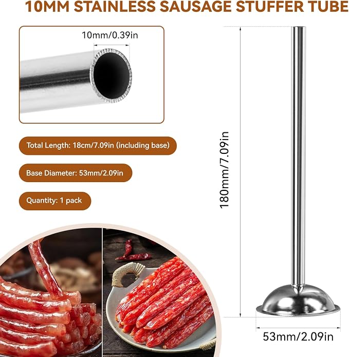 10mm Sausage Stuffer Tube, Stainless Sausage Stuffing Tubes, 10mm Stuffing Horn Compatible with Hakka, Lem and Other Brands Manual/Electric Sausage Stuffer, Universal 53mm Base