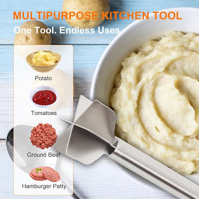 Meat Masher, Stainless Steel 6 Blade Ground Beef Chopper Tool | with Long Handle, Masher Shredder for Potato Hamburger Vegetable Puree, Dishwasher Safe