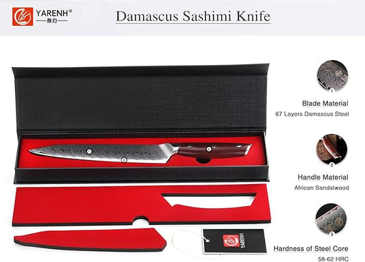 YARENH Slicing Knife 8 Inch - Damascus Chef Knife,67-Layer Steel,Ultra-Sharp Blade, Durable Edge, Rust-Resistant, Ergonomic Sandalwood Handle,Sharp Sashimi Knife