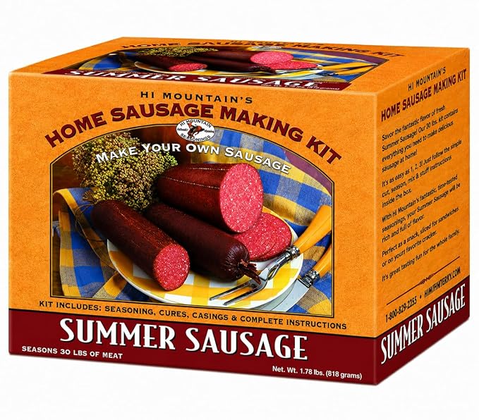 Hi Mountain ORIGINAL Summer Sausage Kit | Complete sausage seasoning kit. Includes: Seasoning, cure & 10 casings. Beef, pork, venison, deer, elk. Makes up to 30 lbs